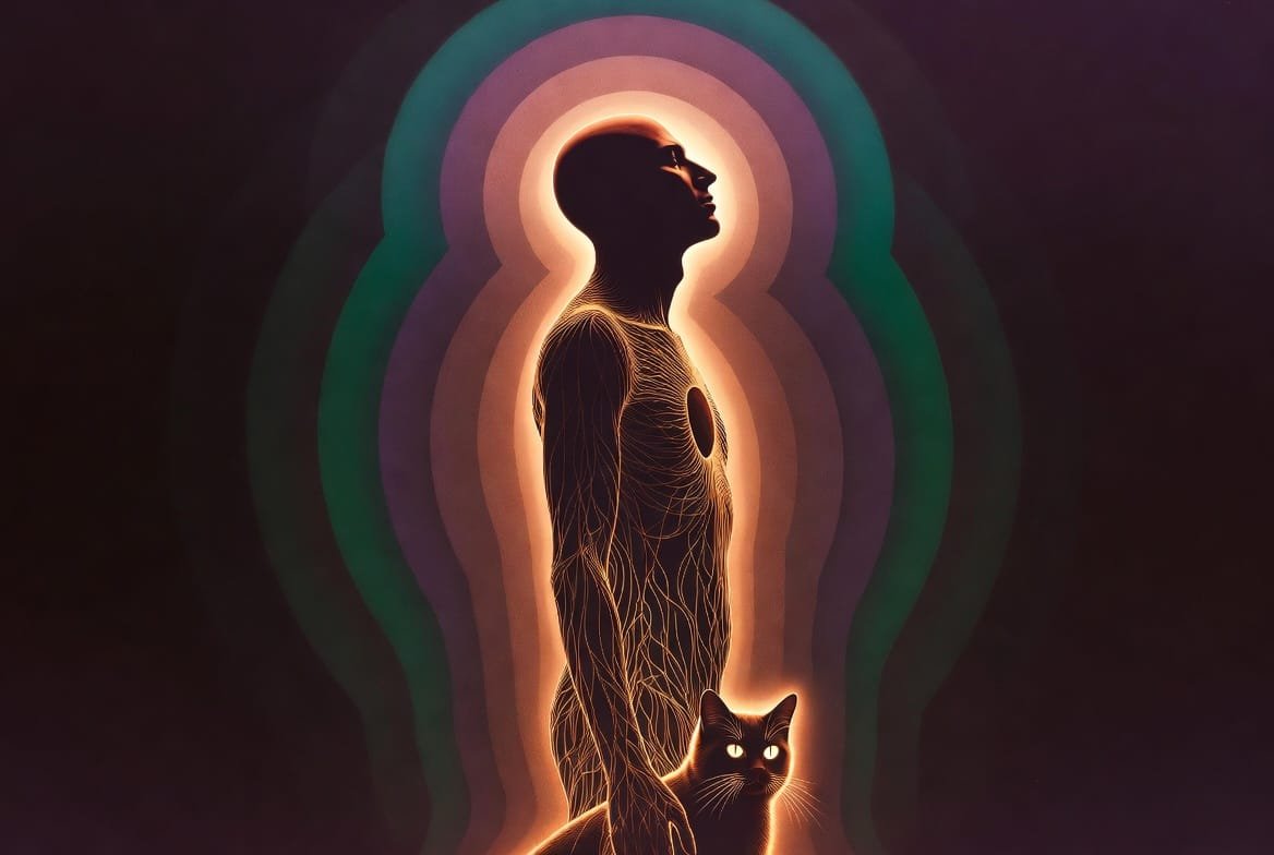 Four layers of organic perception, sacred geometry illustration with golden light flowing through a human silhouette