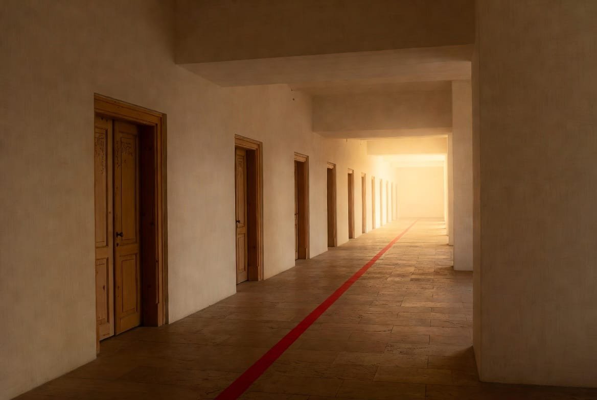 Le Fil Rouge, red thread with knot in warm golden light